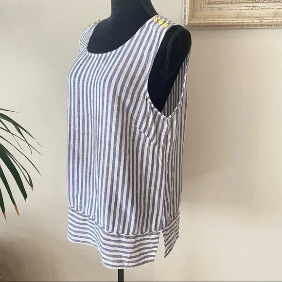 ELLEN TRACY Striped Linen Relaxed Blouse White Blue with Gold Shoulder Detail L - Picture 11 of 13